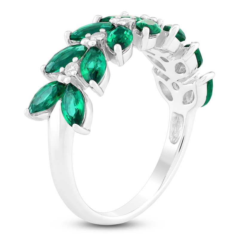 Main Image 2 of Marquise-Cut Lab-Created Emerald & Diamond Leaves Ring 1/10 ct tw 14K White Gold