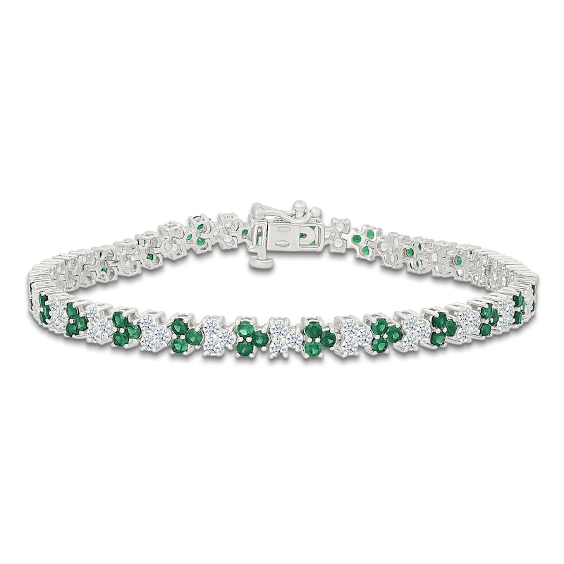Main Image 1 of Lab-Created Emerald & White Lab-Created Sapphire Trios Bracelet Sterling Silver 7"