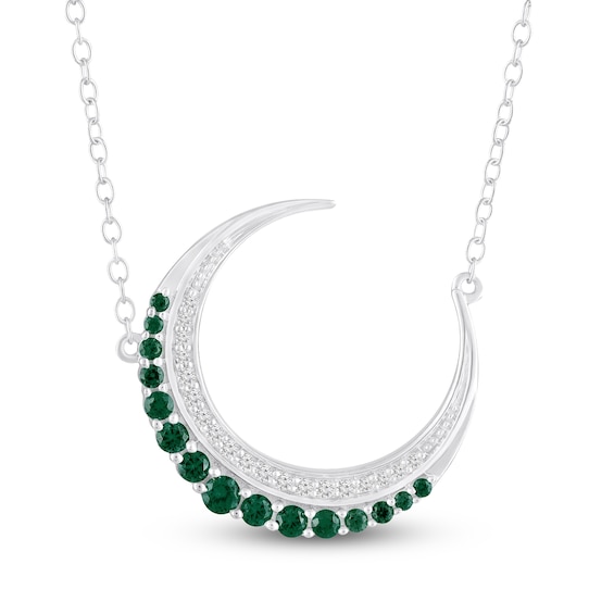 Lab-Created Emerald & White Lab-Created Sapphire Crescent Moon Necklace Sterling Silver 18"