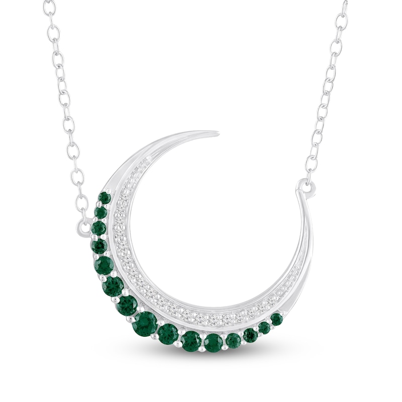 Main Image 1 of Lab-Created Emerald & White Lab-Created Sapphire Crescent Moon Necklace Sterling Silver 18"