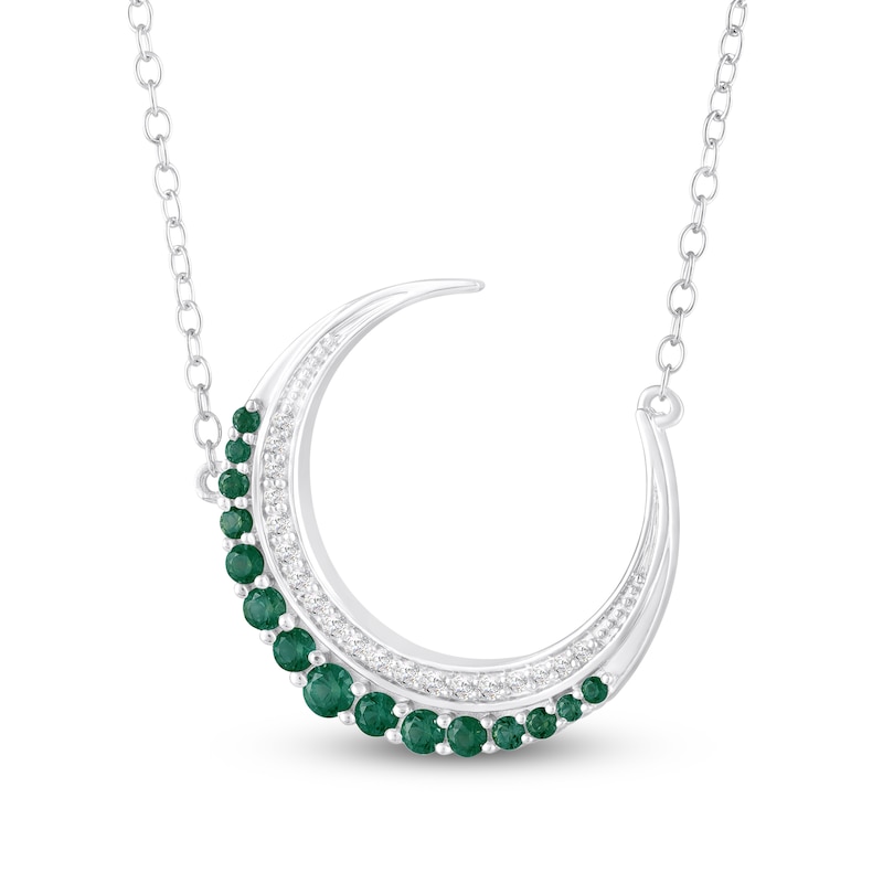 Main Image 2 of Lab-Created Emerald & White Lab-Created Sapphire Crescent Moon Necklace Sterling Silver 18"