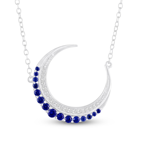 Blue & White Lab-Created Sapphire Crescent Moon Necklace Sterling Silver 18"