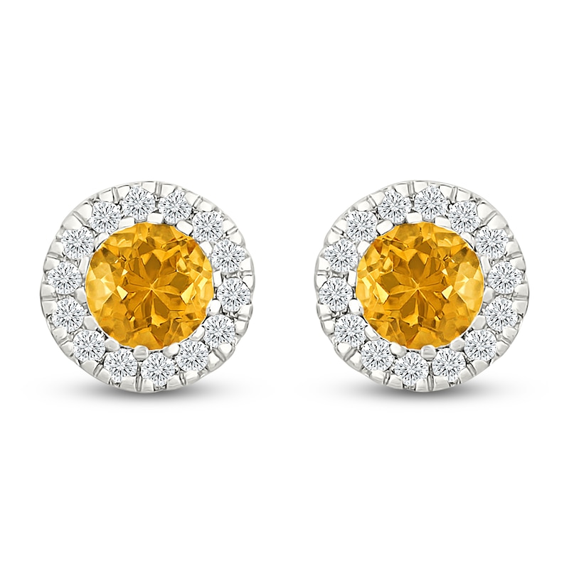 Main Image 1 of Round-Cut Citrine & Diamond Halo Stud Earrings 1/8 ct tw 10K White Gold