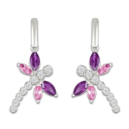 Marquise-Cut Amethyst, Pink & White Lab-Created Sapphire Dragonfly Drop Earrings Sterling Silver