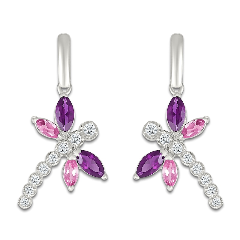 Main Image 1 of Marquise-Cut Amethyst, Pink & White Lab-Created Sapphire Dragonfly Drop Earrings Sterling Silver