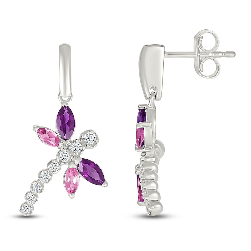 Main Image 3 of Marquise-Cut Amethyst, Pink & White Lab-Created Sapphire Dragonfly Drop Earrings Sterling Silver