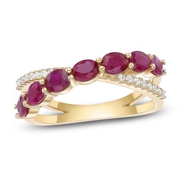 Oval-Cut Natural Ruby & Diamond Crossover Ring 1/10 ct tw 10K Yellow Gold