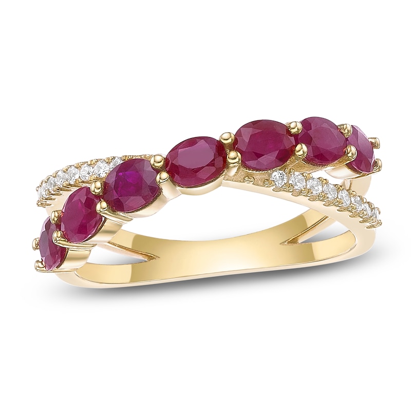 Main Image 1 of Oval-Cut Natural Ruby & Diamond Crossover Ring 1/10 ct tw 10K Yellow Gold