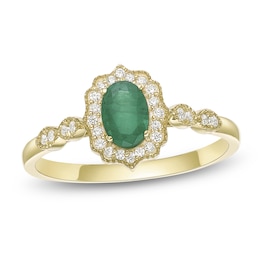Oval-Cut Natural Emerald & Diamond Arabesque Halo Ring 1/8 ct tw 10K Yellow Gold