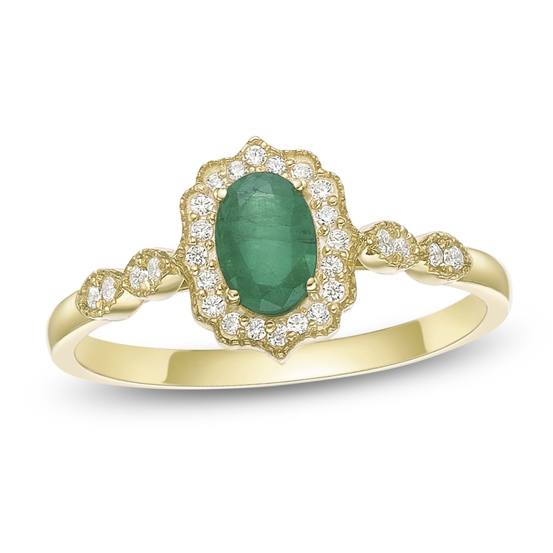 Main Image 1 of Oval-Cut Natural Emerald & Diamond Arabesque Halo Ring 1/8 ct tw 10K Yellow Gold