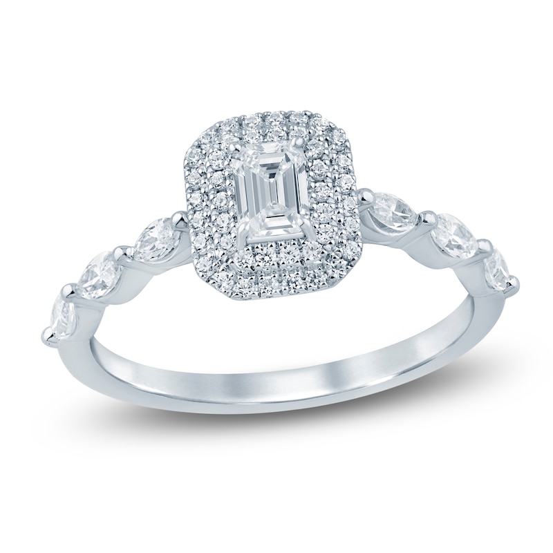 Main Image 1 of Certified Emerald-Cut Diamond Double Halo Engagement Ring 3/4 ct tw 14K White Gold