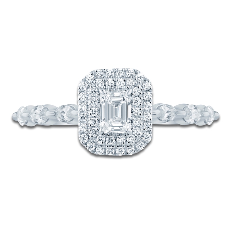 Main Image 3 of Certified Emerald-Cut Diamond Double Halo Engagement Ring 3/4 ct tw 14K White Gold