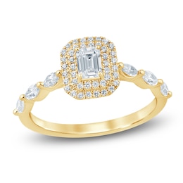 Certified Emerald-Cut Diamond Double Halo Engagement Ring 3/4 ct tw 14K Yellow Gold