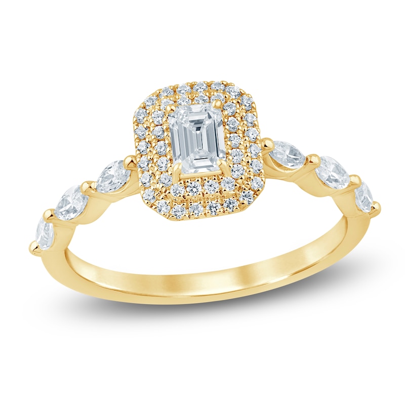 Main Image 1 of Certified Emerald-Cut Diamond Double Halo Engagement Ring 3/4 ct tw 14K Yellow Gold
