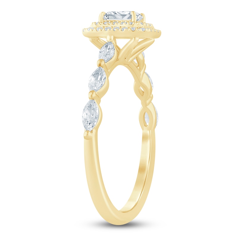 Main Image 2 of Certified Emerald-Cut Diamond Double Halo Engagement Ring 3/4 ct tw 14K Yellow Gold