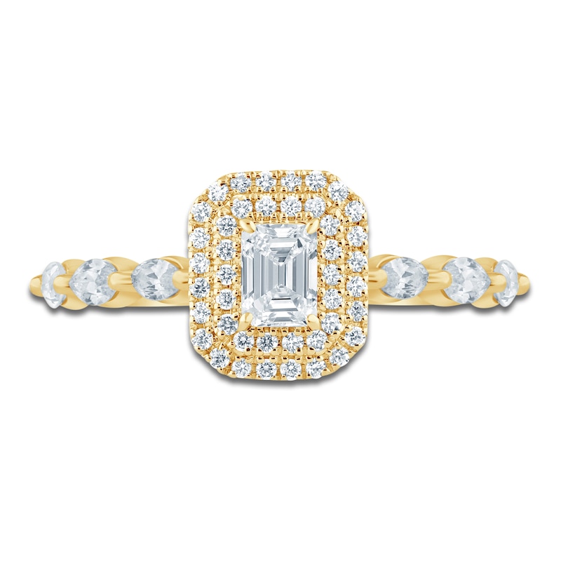 Main Image 3 of Certified Emerald-Cut Diamond Double Halo Engagement Ring 3/4 ct tw 14K Yellow Gold