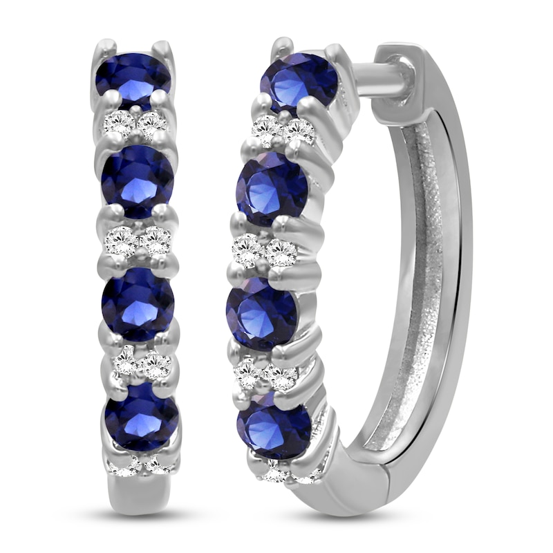 Main Image 1 of Natural Blue Sapphire & Diamond Hoop Earrings 1/10 ct tw 10K White Gold