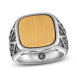 1933 by Esquire Men's Fleur De Lis Engraved Signet Ring Sterling Silver and 14K Yellow Gold Plate