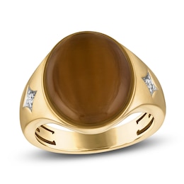 1933 by Esquire Men's Oval-Shaped Natural Tiger's Eye & Diamond Signet Ring 1/20 ct tw 14K Yellow Gold-Plated Sterling Silver