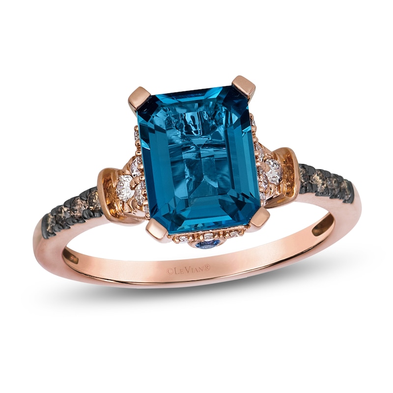 Main Image 1 of Le Vian Rectangle-Cut Natural London Blue Topaz & Blue Sapphire Hidden Halo Ring 1/4 ct tw Diamonds 14K Strawberry Gold
