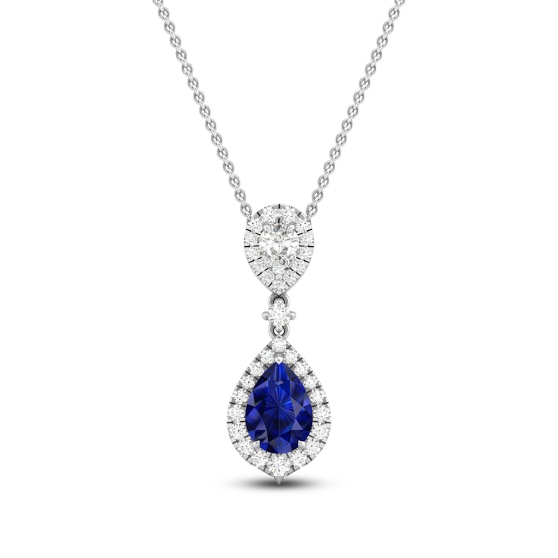 Main Image 1 of Pear-Shaped Natural Blue Sapphire & Diamond Drop Necklace 1/4 ct tw 14K White Gold 18"
