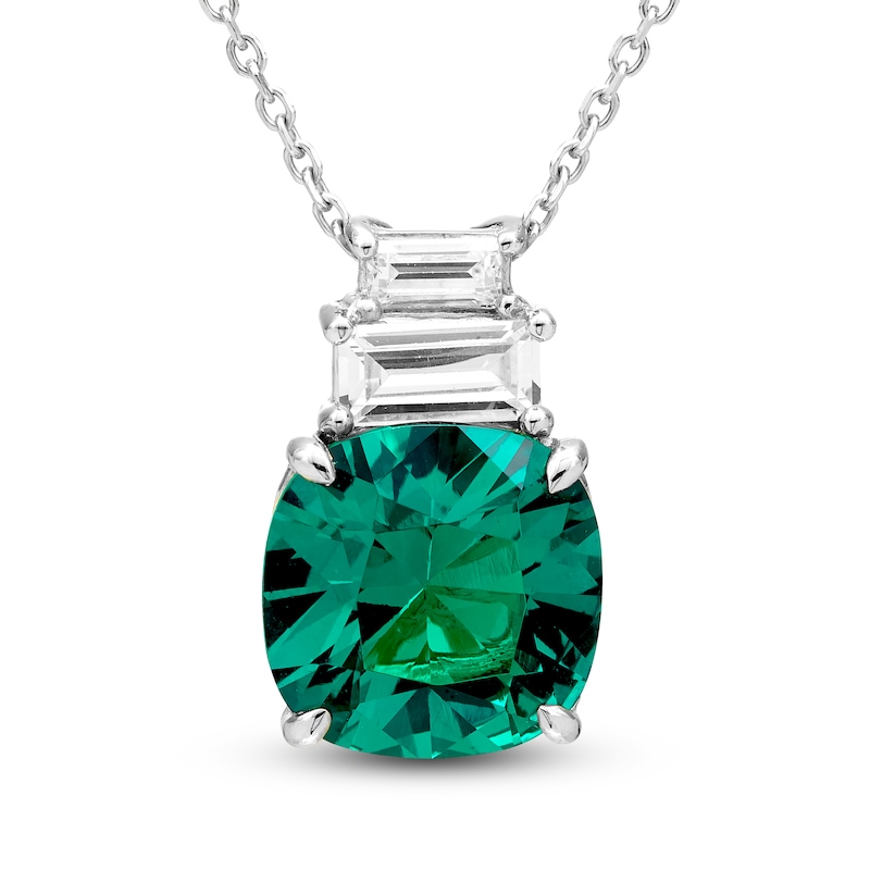 Main Image 1 of Cushion-Cut Lab-Created Emerald & Baguette-Cut White Lab-Created Sapphire Necklace Sterling Silver 18"