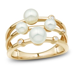 Cultured Pearl & Diamond Accent Three-Row Station Ring 14K Yellow Gold