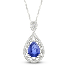 Pear-Shaped Blue Lab-Created Sapphire & Diamond Filigree Necklace 1/10 ct tw Sterling Silver 18"
