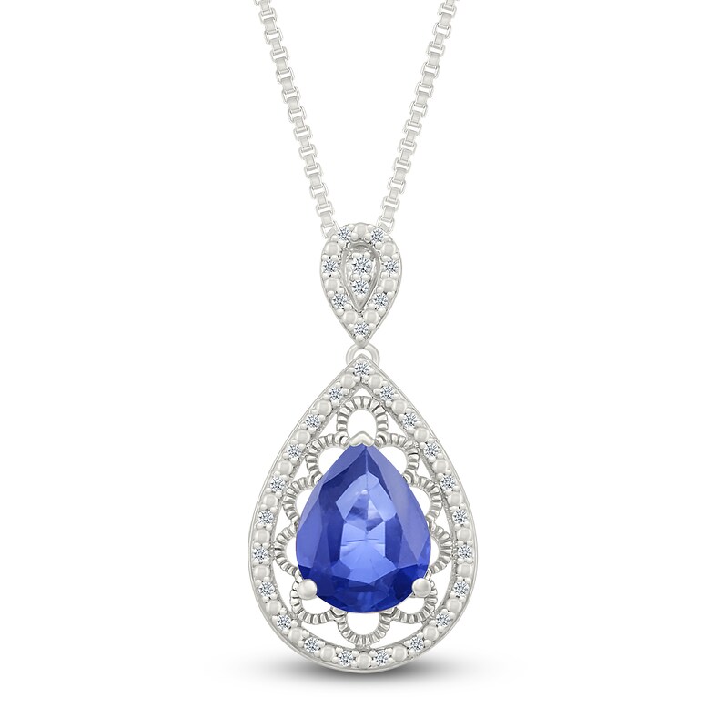 Main Image 1 of Pear-Shaped Blue Lab-Created Sapphire & Diamond Filigree Necklace 1/10 ct tw Sterling Silver 18"