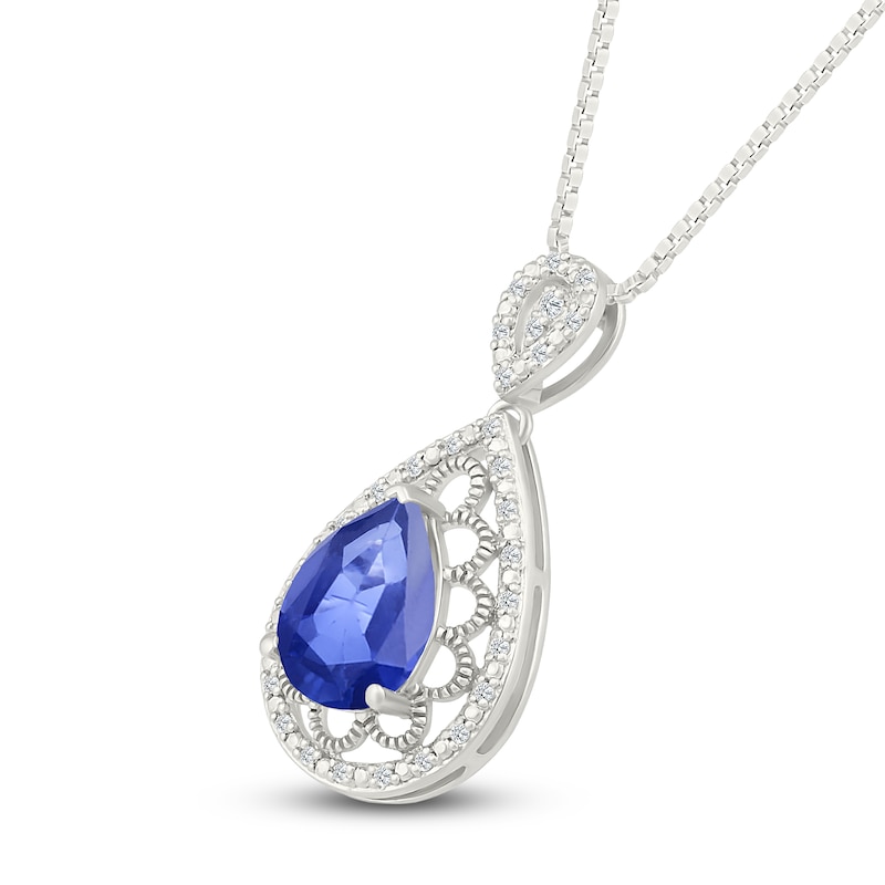 Main Image 2 of Pear-Shaped Blue Lab-Created Sapphire & Diamond Filigree Necklace 1/10 ct tw Sterling Silver 18"
