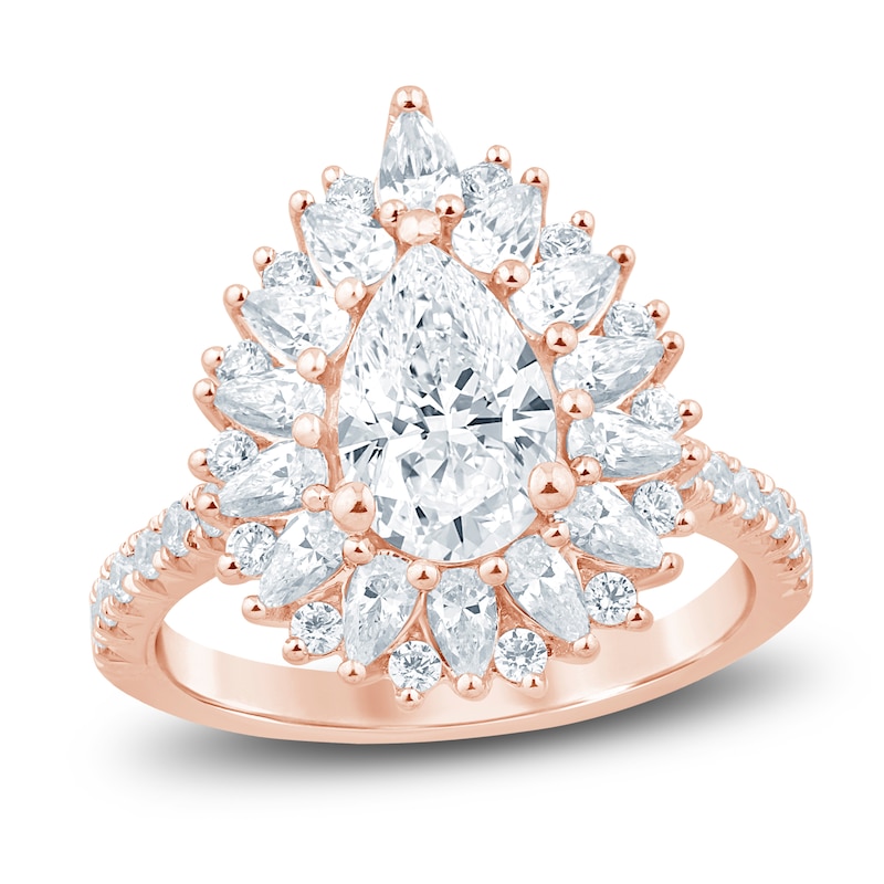 Main Image 1 of Pear-Shaped Lab-Grown Diamond Starburst Halo Engagement Ring 2-1/3 ct tw 14K Rose Gold