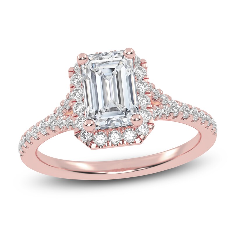 Main Image 1 of Emerald-Cut Lab-Grown Diamond Halo Engagement Ring 1-1/8 ct tw 14K Rose Gold