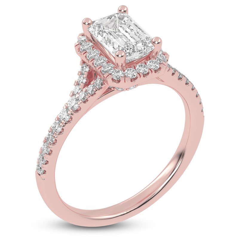 Main Image 2 of Emerald-Cut Lab-Grown Diamond Halo Engagement Ring 1-1/8 ct tw 14K Rose Gold