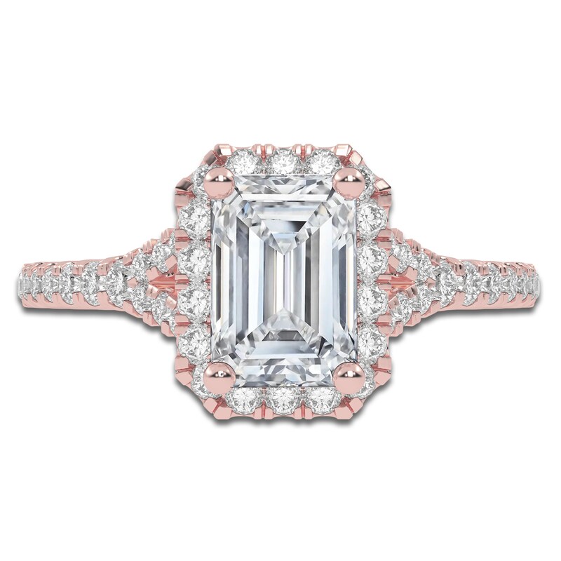 Main Image 3 of Emerald-Cut Lab-Grown Diamond Halo Engagement Ring 1-1/8 ct tw 14K Rose Gold