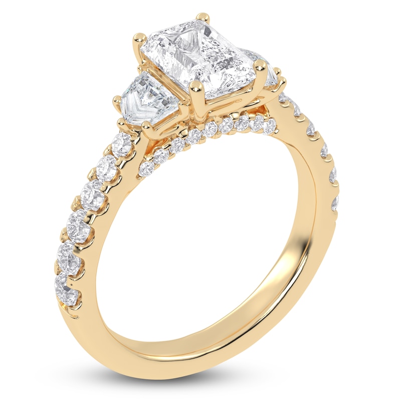 Main Image 2 of Emerald & Shield-Cut Lab-Grown Diamond Three-Stone Engagement Ring 2 ct tw 14K Yellow Gold