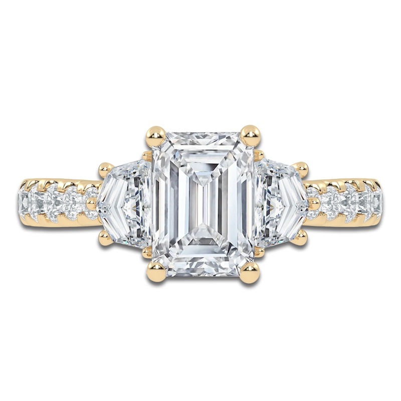 Main Image 3 of Emerald & Shield-Cut Lab-Grown Diamond Three-Stone Engagement Ring 2 ct tw 14K Yellow Gold