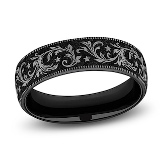 Men's Scrollwork & Stars Comfort-Fit Wedding Band Black Titanium 6.5mm