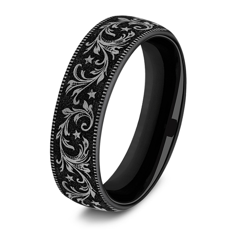 Main Image 2 of Men's Scrollwork & Stars Comfort-Fit Wedding Band Black Titanium 6.5mm
