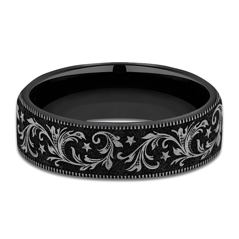 Main Image 3 of Men's Scrollwork & Stars Comfort-Fit Wedding Band Black Titanium 6.5mm