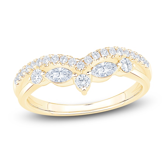 Certified Round & Marquise-Cut Diamond Chevron Wedding Band 1/2 ct tw 14K Yellow Gold