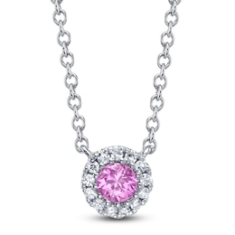 Shy Creation Natural Pink Sapphire & Diamond Accent Halo Necklace 14K White Gold 18"