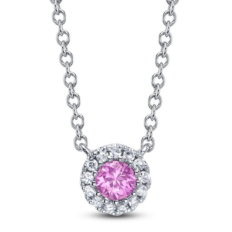 Main Image 1 of Shy Creation Natural Pink Sapphire & Diamond Accent Halo Necklace 14K White Gold 18"