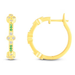 Natural Emerald & Diamond Clover Hoop Earrings 1/4 ct tw 10K Yellow Gold