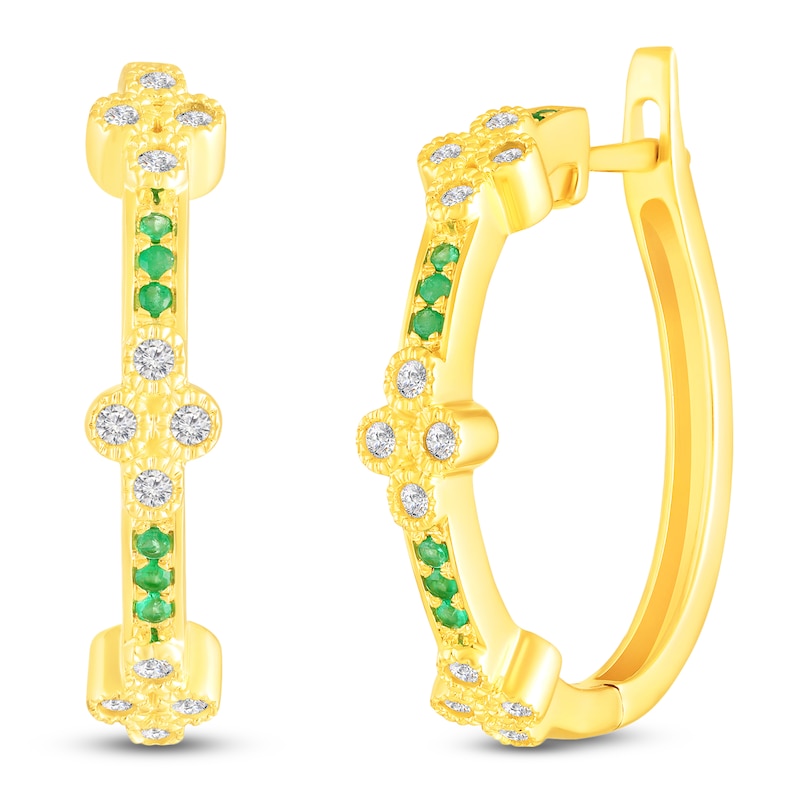 Main Image 2 of Natural Emerald & Diamond Clover Hoop Earrings 1/4 ct tw 10K Yellow Gold