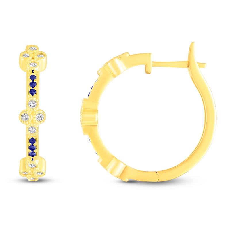 Main Image 1 of Natural Blue Sapphire & Diamond Clover Hoop Earrings 1/4 ct tw 10K Yellow Gold