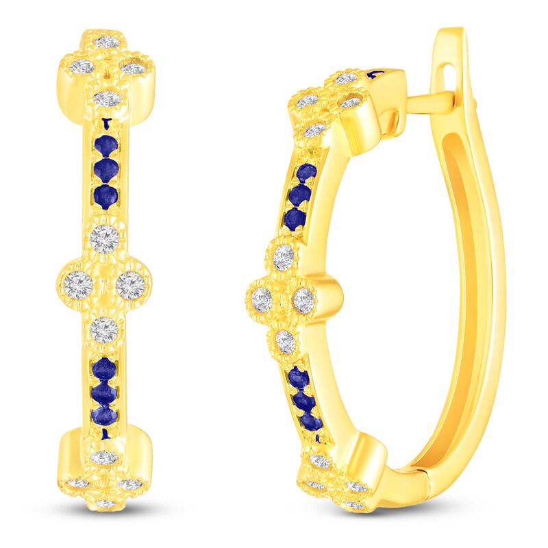 Main Image 2 of Natural Blue Sapphire & Diamond Clover Hoop Earrings 1/4 ct tw 10K Yellow Gold