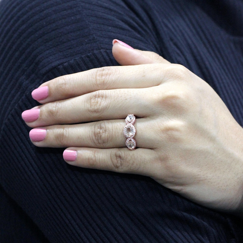 Main Image 3 of Oval-Cut Natural Morganite & Diamond Three-Stone Ring 1/4 ct tw 10K Rose Gold