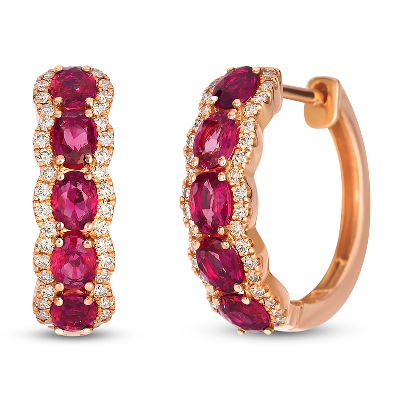 Main Image 2 of Le Vian Oval-Cut Natural Ruby Hoop Earrings 3/8 ct tw Diamonds 14K Strawberry Gold