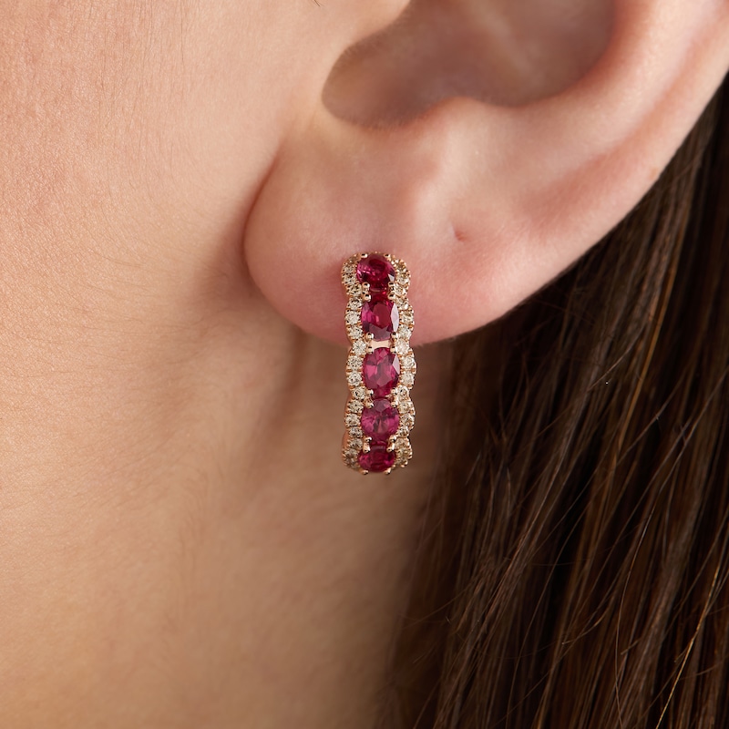 Main Image 3 of Le Vian Oval-Cut Natural Ruby Hoop Earrings 3/8 ct tw Diamonds 14K Strawberry Gold