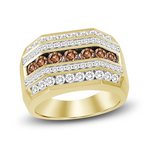 The New Fashioned Men's Brown & White Diamond Ring 2 ct tw Round 10K Yellow Gold